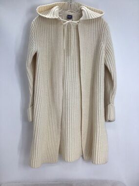 GAP Y2K Vintagae Wool Blend Chunky Knit Long Hooded Cardigan Ivory Size Medium